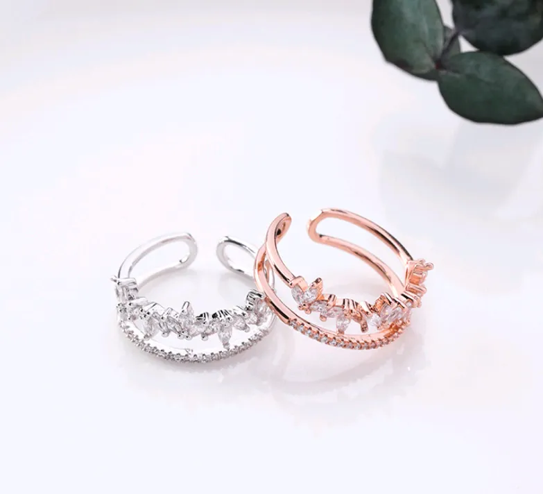 Micro-inlaid zircon leaf double-layer ring female personality full drill broken diamond drop superimposed ring
