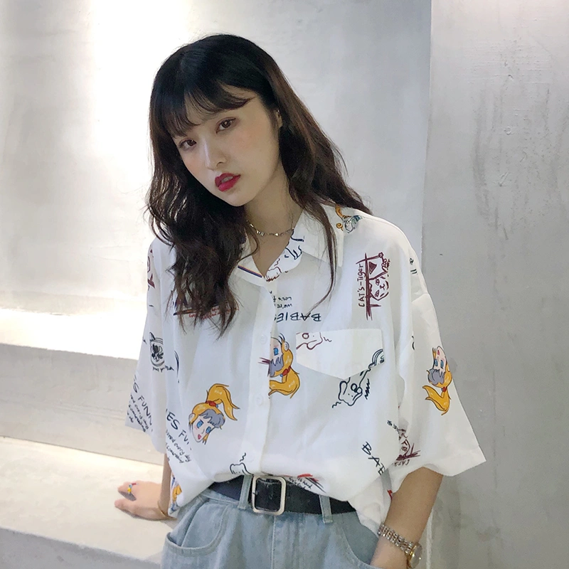 Printed shirt Korean students white shirt loose short sleeve summer 2021 new