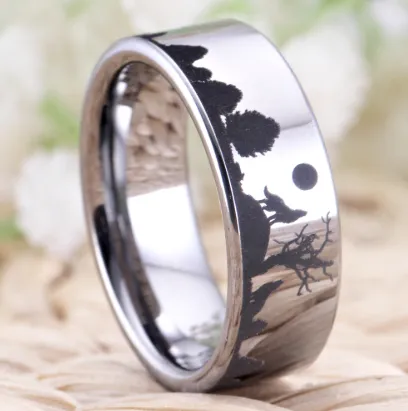 Wolf design rings for women, men's wedding band, 8mm silver tungsten ring, party jewelry engagement ring