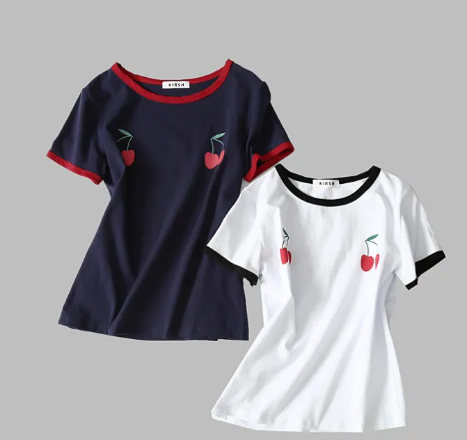 Fashion Design Summer T-shirt For Femme Cherry Print Short Sleeve Crew Collar Sweet White Cotton Ladies Tshirt Tee Tops