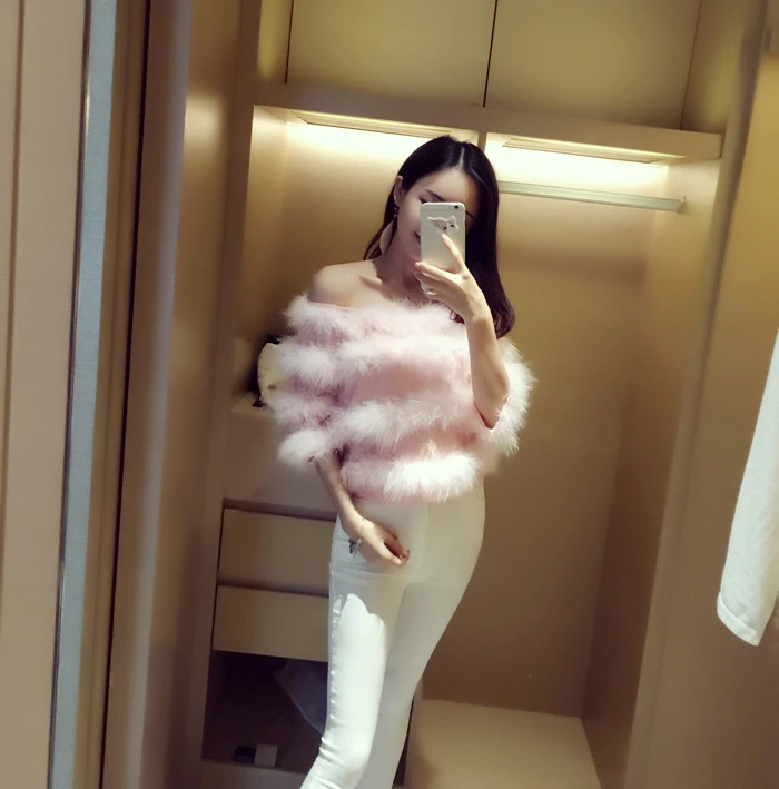 Lace stitching ostrich feather strapless neck collar cropped sleeves versatile fur top