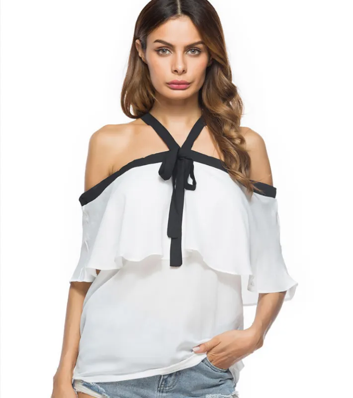 Foreign trade women's explosions color matching hanging neck bow chiffon shirt off the shoulder shirt