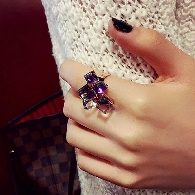 Colorful Crystal Cube  Ring Korea Japan and South Korea European and American Jewelry Influx of People Pearl Ring Ring Female