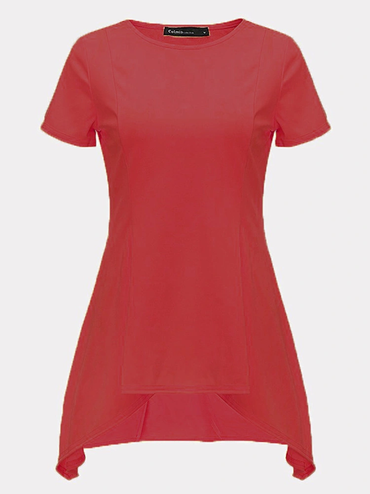 Elegant Women Pure Color Short Sleeve Irregular Hem T-Shirt