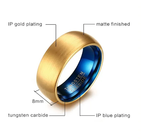 8MM Tungsten Steel Gold and Blue  Ring, Wedding ring