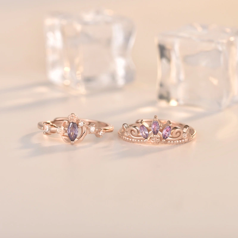Two sterling silver amethyst diamond ring