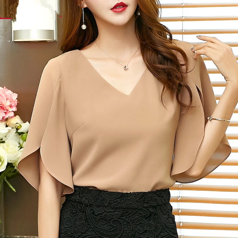 Chiffon shirt short sleeve 2021 summer new Korean fashion sexy V-neck temperament loose ruffled wild top