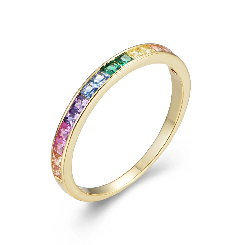 S925 Sterling Silver Micro-set Square Rainbow Zircon Ring Ladies Ring