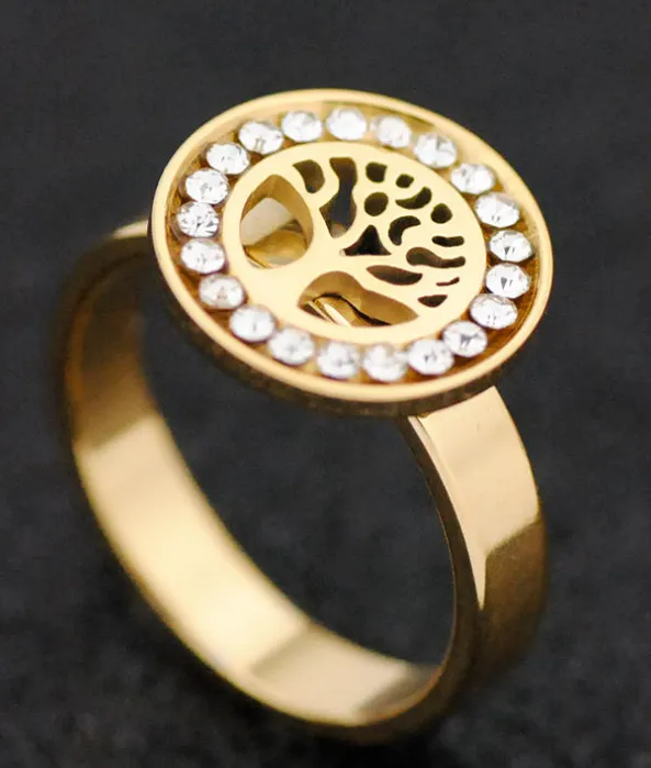 Gold-plated stainless steel life tree diamond ring