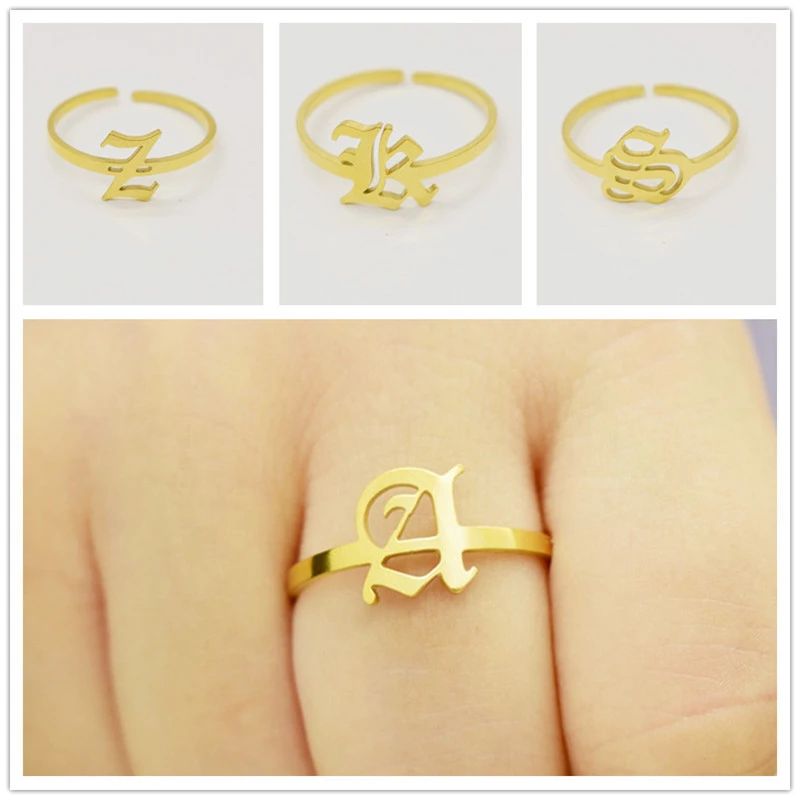 European and American cross-border new fashion ancient English 26 letter ring vacuum plating 18K real gold factory direct sales