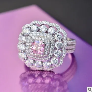 Cross-border Foreign Trade Hot New Style Super Champagne Square Diamond Zircon Ring Simulation Wedding Diamond Carat Diamond Ring