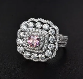 Cross-border Foreign Trade Hot New Style Super Champagne Square Diamond Zircon Ring Simulation Wedding Diamond Carat Diamond Ring