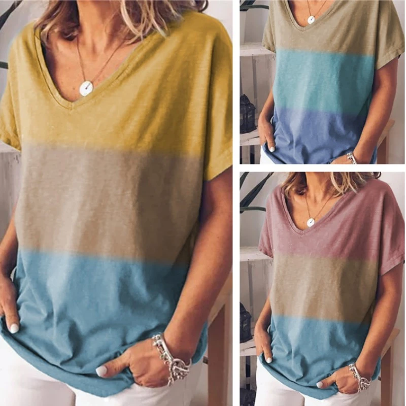 Gradient contrast print V-neck T-shirt short sleeves