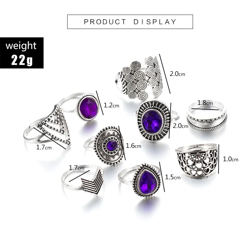 Vintage Fan-Shaped Drop Diamonds And Purple Gems Triangle Set Of 9 Rings