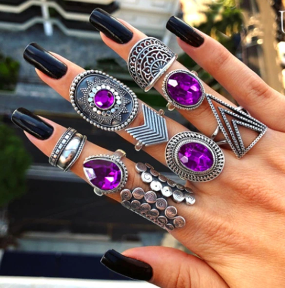 Vintage Fan-Shaped Drop Diamonds And Purple Gems Triangle Set Of 9 Rings