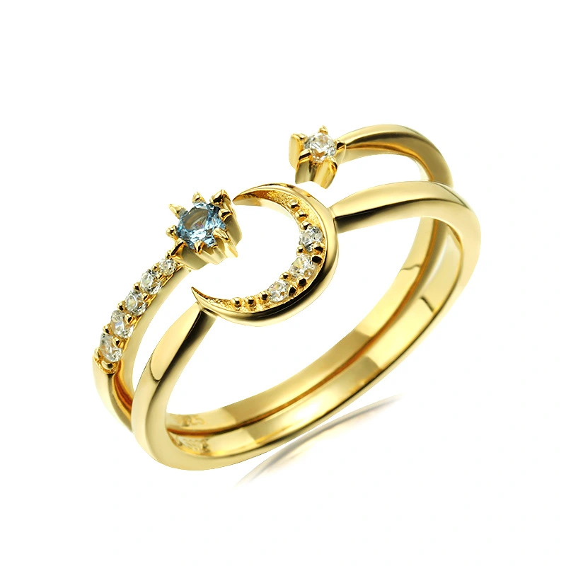 S925 silver zircon star and moon set ring