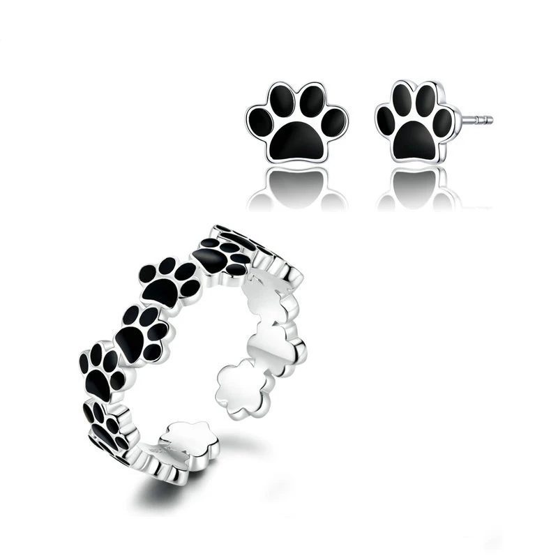 Cute pet claw ring stud earrings s925 sterling silver suit