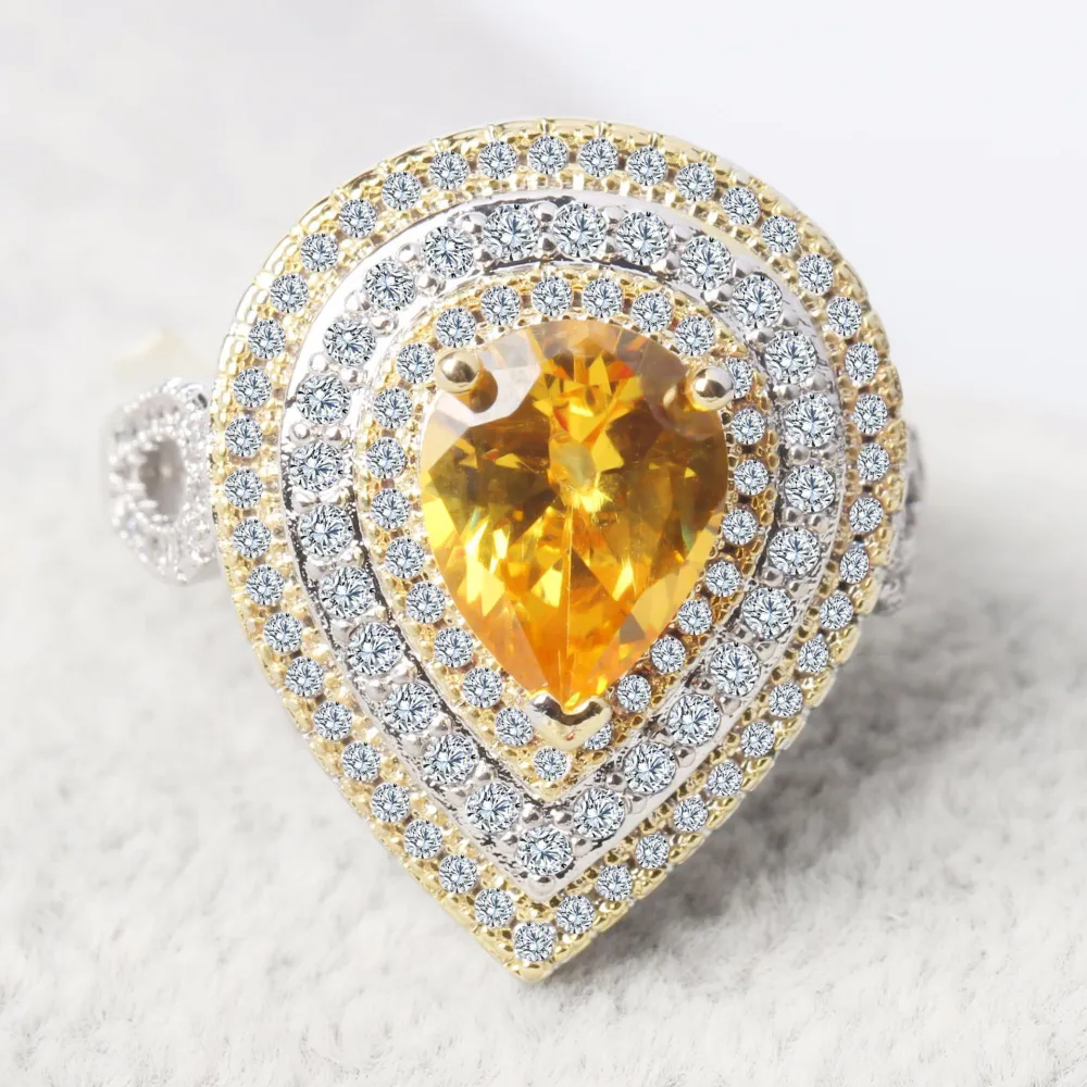 Wish hot Europe and America exaggerated ring Water drop diamond foreign trade classic Zircon yellow diamond wedding diamond ring