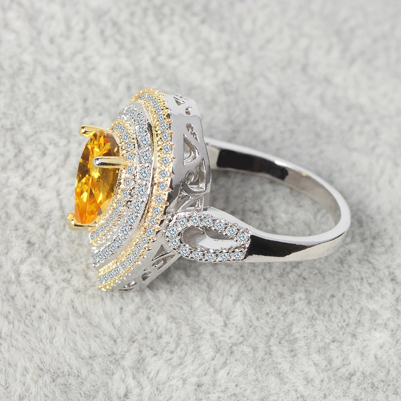 Wish hot Europe and America exaggerated ring Water drop diamond foreign trade classic Zircon yellow diamond wedding diamond ring