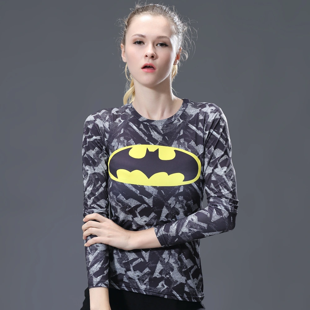 Black Batman Printing Long Sleeve Women's Quick Dry Workout Shirts
