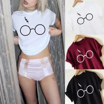 Round Collar Glasses  Printing Short - sleeved T-shirt