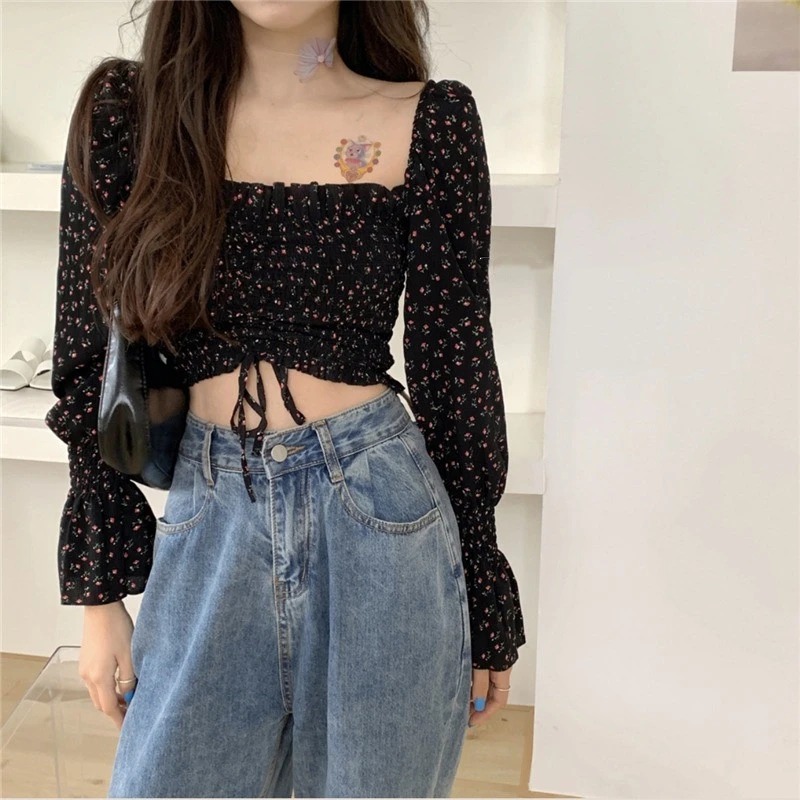 Square neck small floral chiffon shirt
