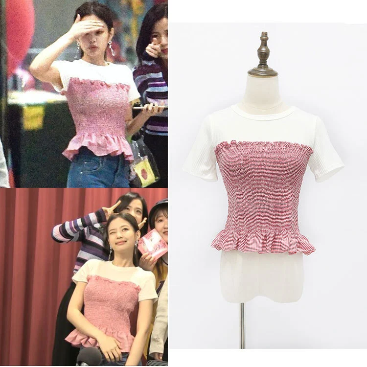 Blackpink Jin Zhini Jennie and Chic Wind Splicing Fake Two Thin T-shirts Wrapped in Chest and Short Sleeves