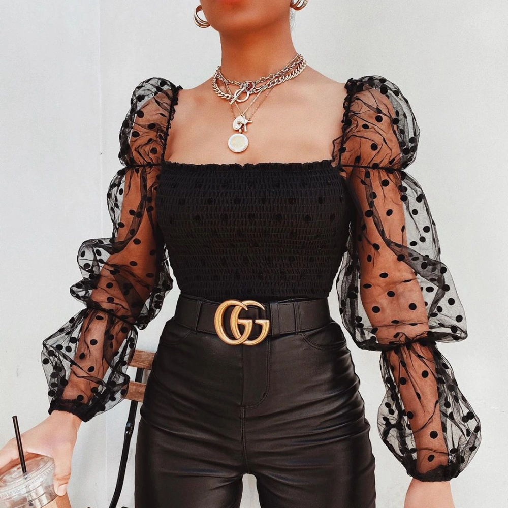Ladies mesh puff sleeve off-the-shoulder top