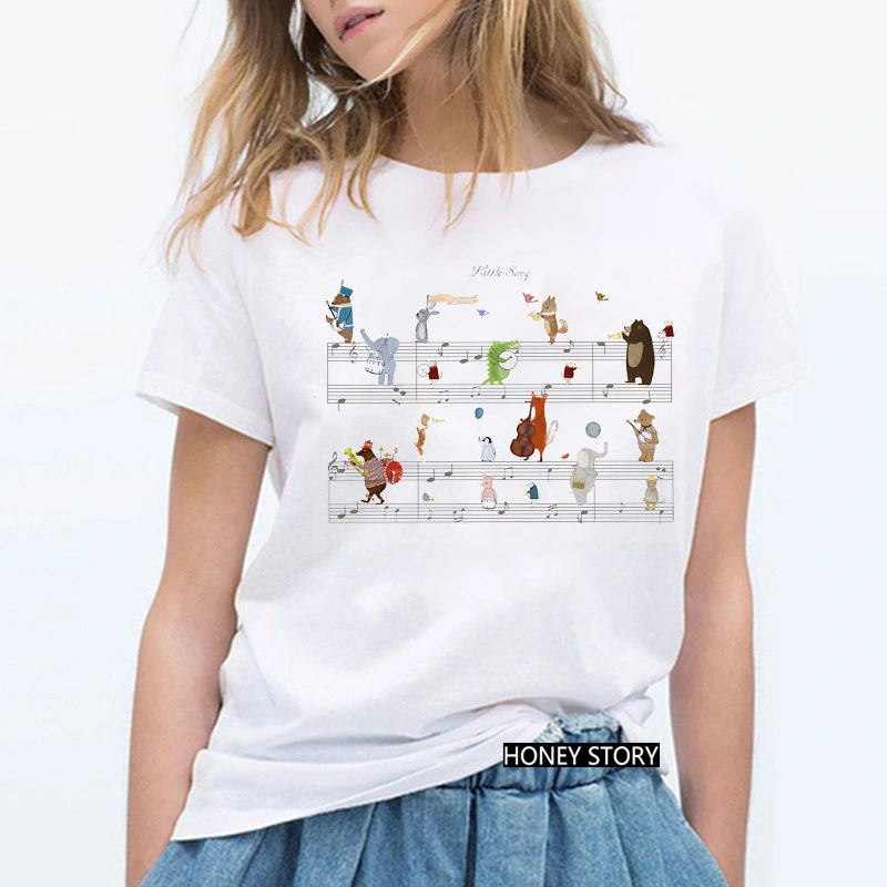 Cute Cartoon Music Zoo Print Lady T-Shirt