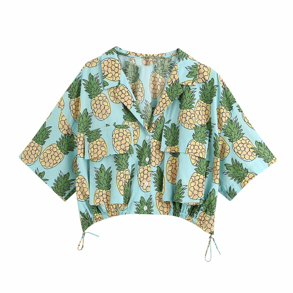 Loose fashion lapel pineapple print cropped top