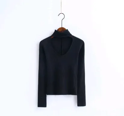Slim-fit openwork neck-neck V-neck long-sleeved T-shirt female long-sleeved sweater