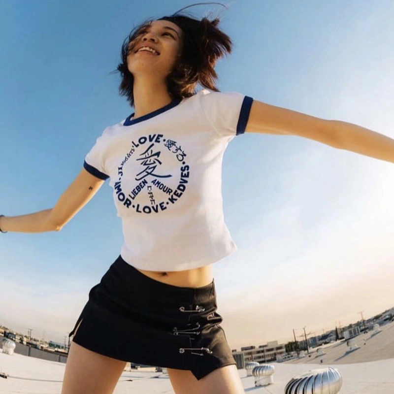 Love letter printed short-sleeved white navel T-shirt tops women