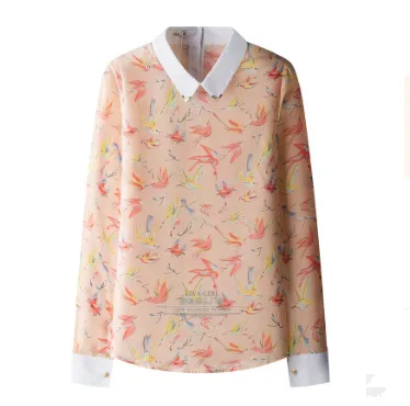 USA SIZE Large size women's blouse lapel long sleeve lace bottoming shirt chiffon shirt