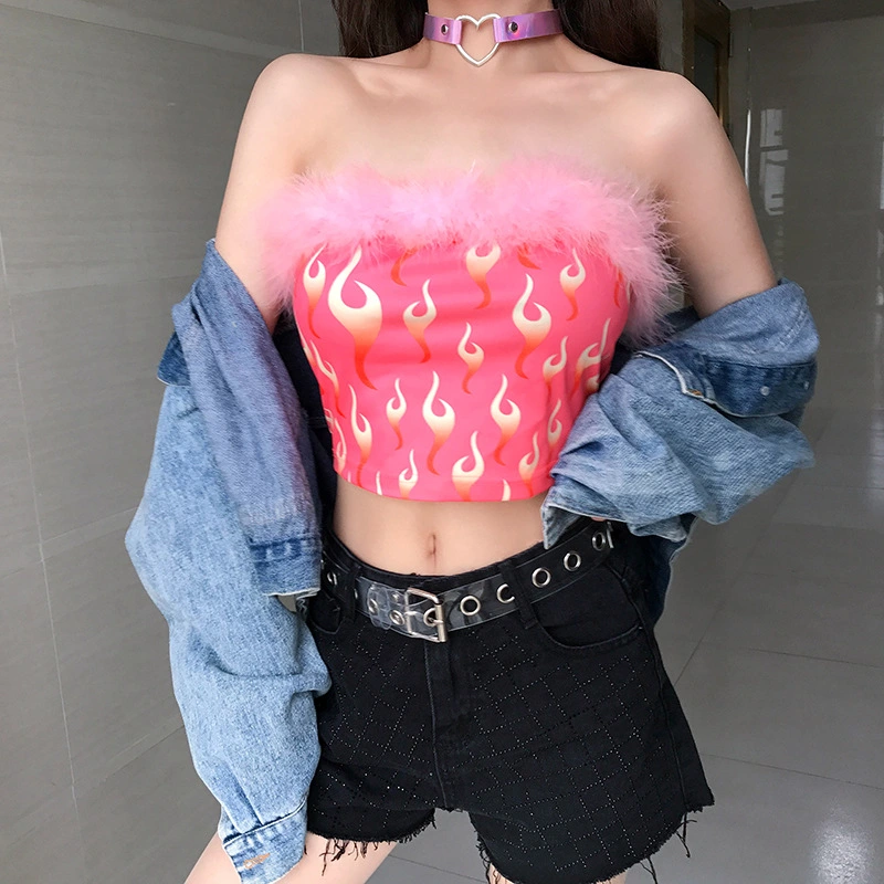 Europe and the United States foreign trade 2021 cross-border fast-selling spring and summer new hot hairy flame bright tube top female a generation