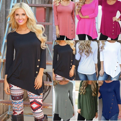 EBay Europe new women's wear irregular long sleeve ladies T-shirt, leisure button bottoming shirt