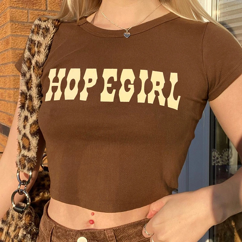 Vintage Brown Letter Print Bottoming Casual Crop Top
