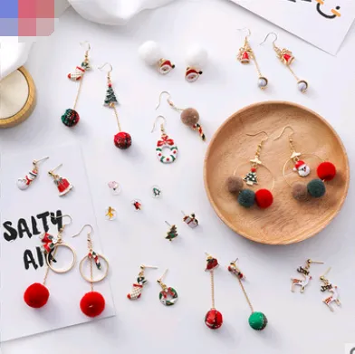 Christmas earrings holiday gift personality Santa Claus gift tree hair ball cane candy fashion earrings