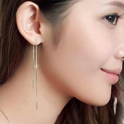 Long simple tassel silver earrings
