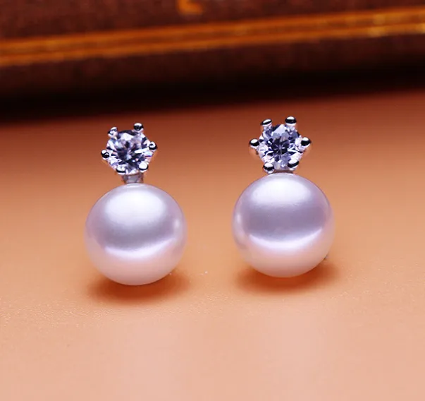 Six claws freshwater pearl silver earrings 8-9mm inlaid zircon earrings earrings jewelry