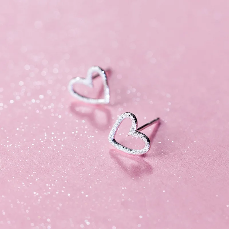 925 Sterling Silver Jewelry Women Fashion Cute Tiny Hollow Heart Stud Earrings Gift for Girls Kids Lady