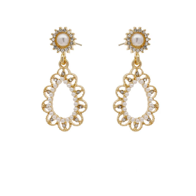 Hollow Water Drop Earrings with Pearl and Diamonds