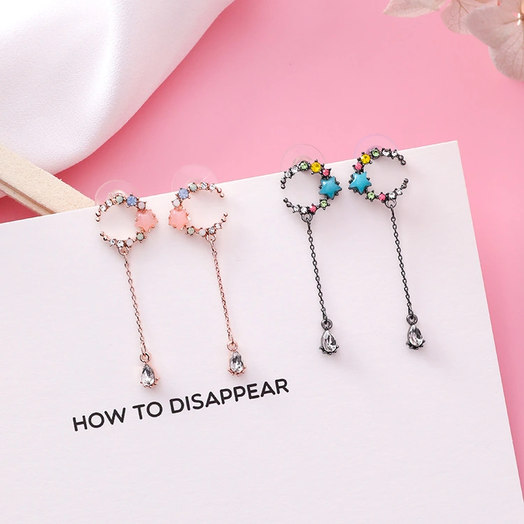 Colorful diamonds stars moon tassel earrings five-pointed star ring drop earrings