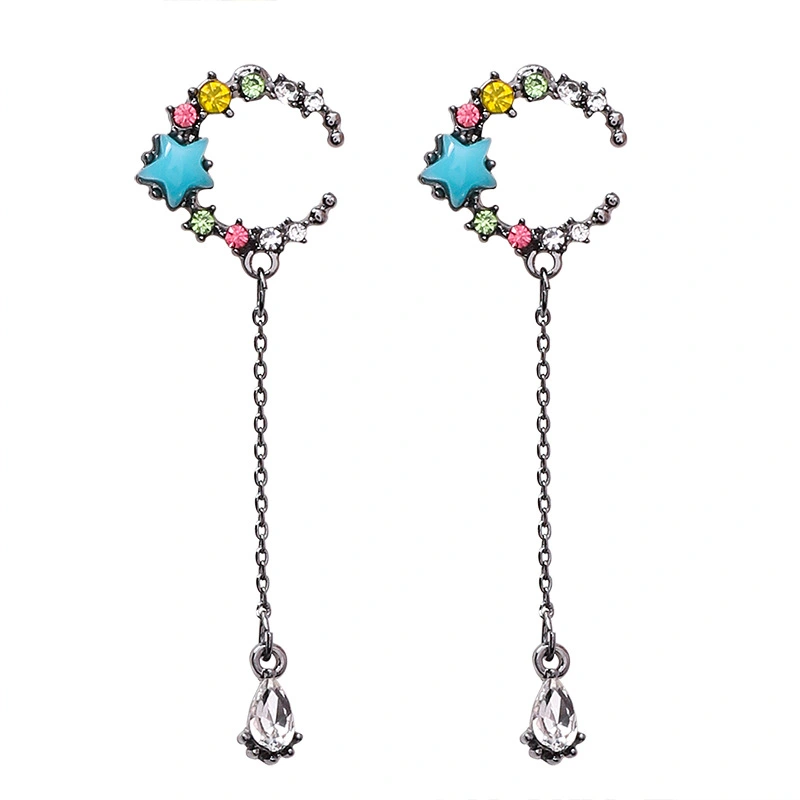 Colorful diamonds stars moon tassel earrings five-pointed star ring drop earrings