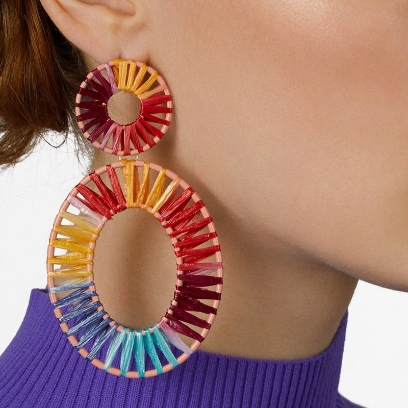 Fashion Jewelry Bijoux Rainbow Colorful Raffia Earring Big Oval Straw Statement Earrings for Summer