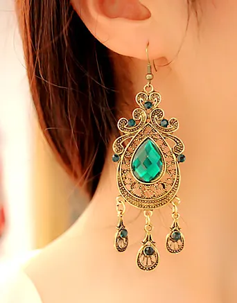 Vintage Tassel Drop Earrings Bohemian Water Drop Green Crystal Stone Long Earrings