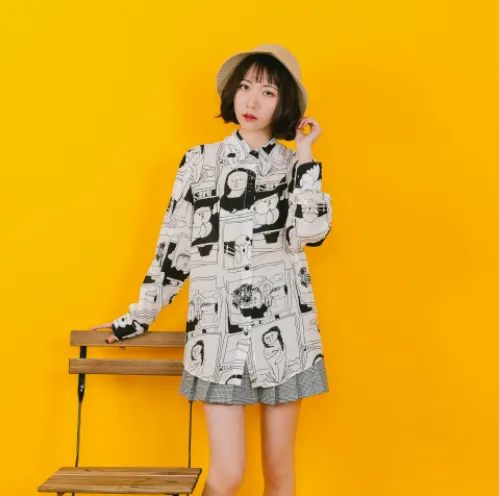 Summer new Harajuku style shirt Digital print loose lapel long sleeve shirt women