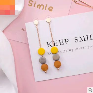 925 silver needle long color round piece wood tassel earrings personality wooden round earrings simple earrings