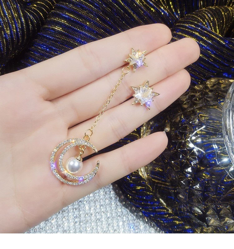 Asymmetrical Star Moon Long Stud Earrings