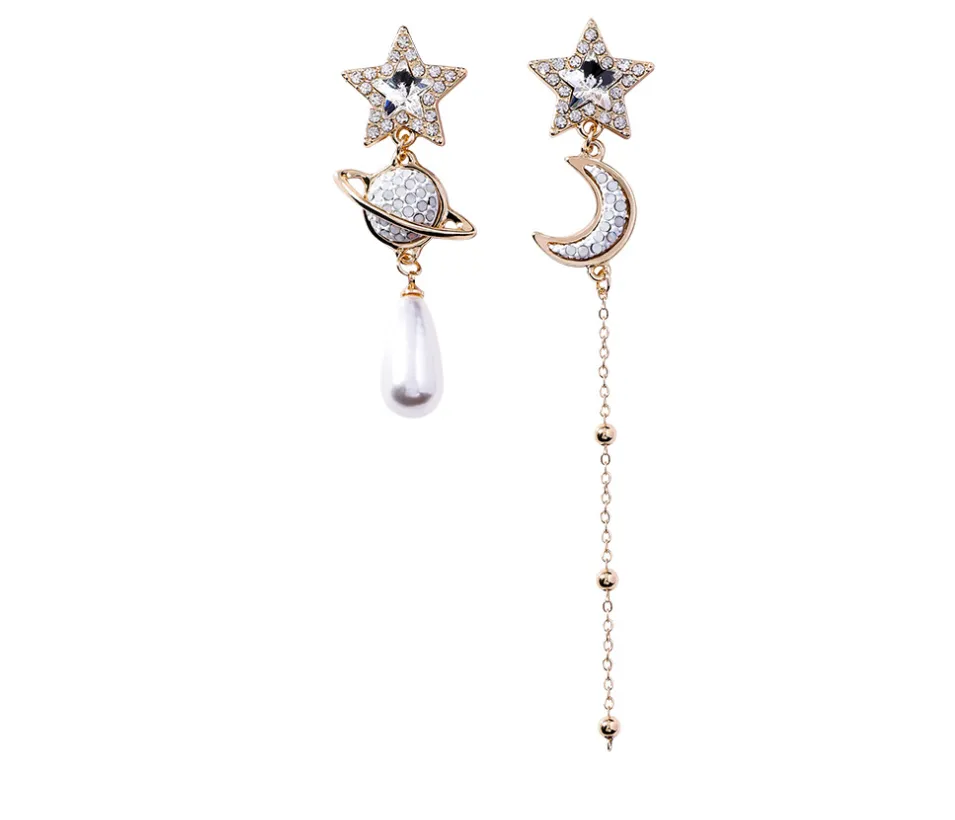 925 silver needle shiny white diamond cosmic planet moon five-pointed star long chain earrings stars asymmetric earrings female