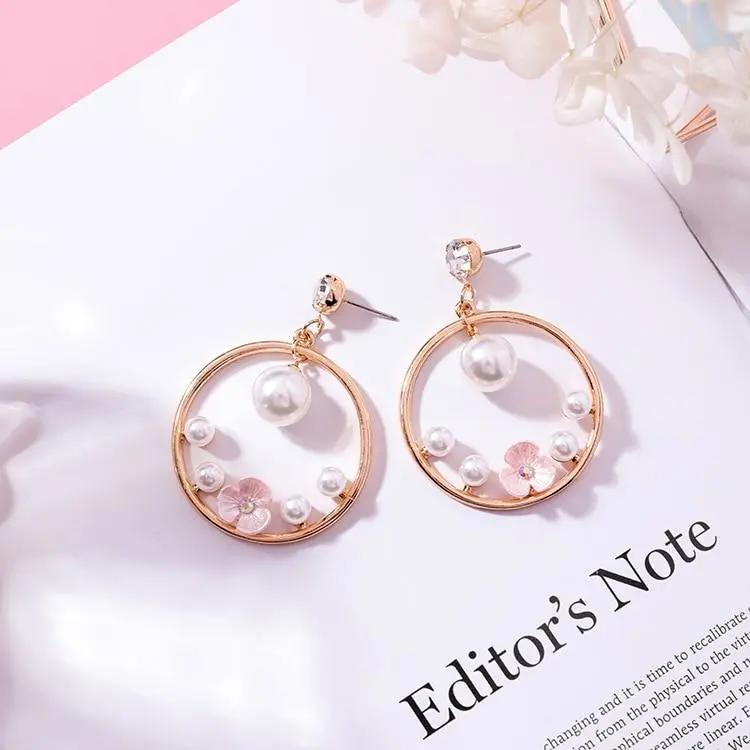 Personality exaggerated big circle earrings long temperament flower ring earrings pearl rhinestone earrings